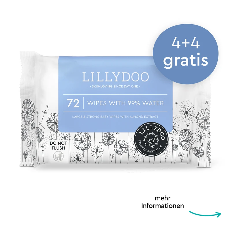 Deal: LILLYDOO Feuchttücher mit 99 % Wasser - 8 Packungen - 576 extra große Tücher