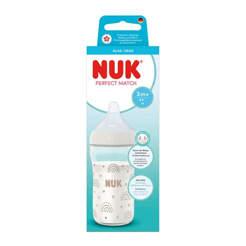 NUK Perfect Match Biberón Cristal 230 ml Tetina M 3m+ Arcoíris