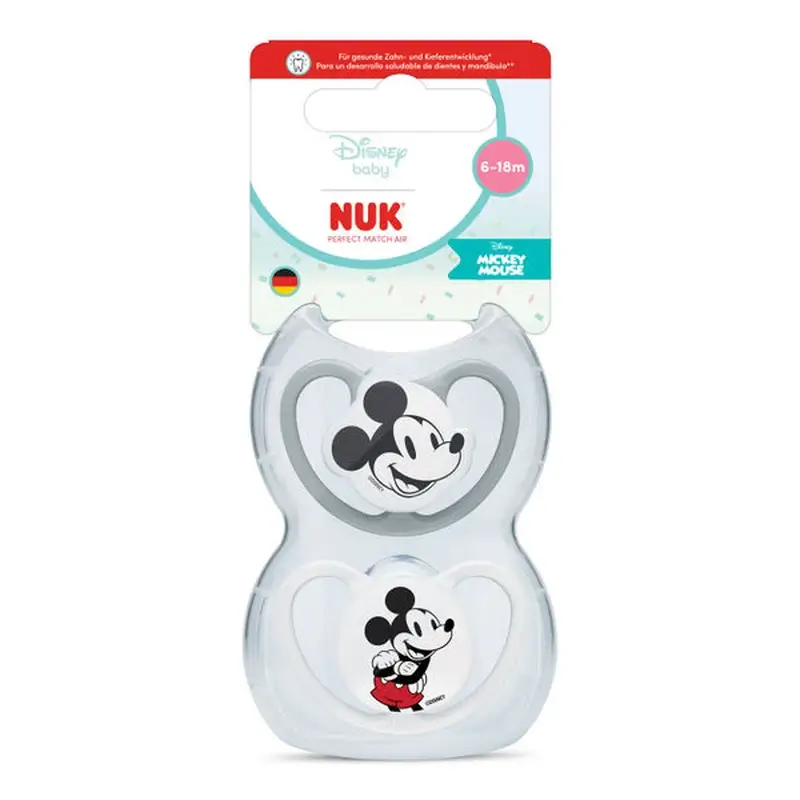 NUK Perfect Match Air Chupete Silicona T2 6-18m Mickey Mouse Gris/Blanco, 2 uds