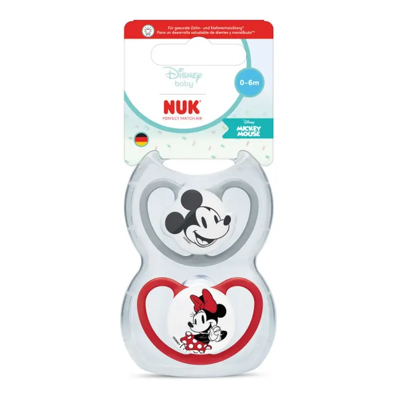 NUK Perfect Match Air Chupete Silicona T1 0-6m Mickey Mouse Rojo/Gris, 2 uds