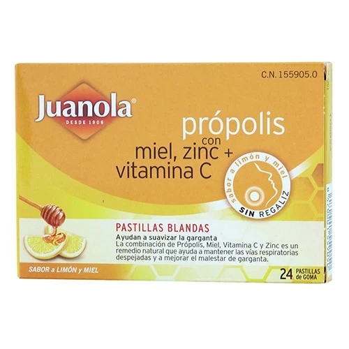 Juanola Própolis con miel, zinc y vitamina C - sabor miel y limón - 24 pastillas blandas