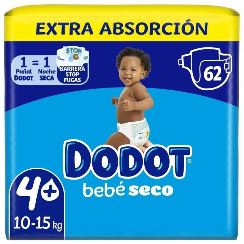 Dodot Bebé Seco Extra Absorción Pañales Talla 4+ (10-15 kg) Pack de 62 unidades