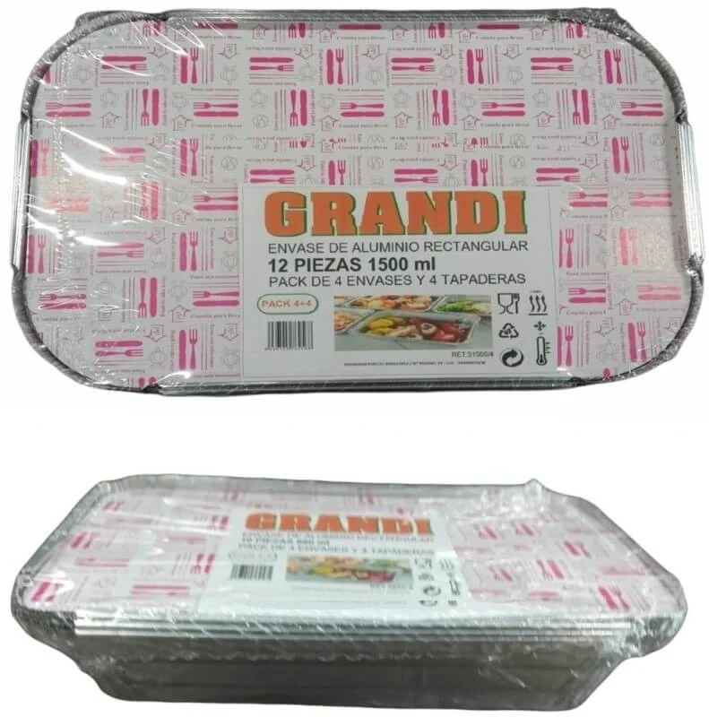 Grandi Envase Aluminio Rectangular 4 Unidades 1500 ml