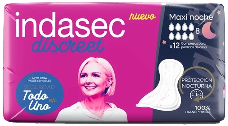 Indasec Discreet Compresas para Pérdidas de Orina Maxi Noche 12 uds