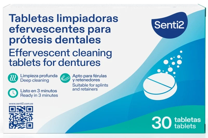 Senti2 Tabletas limpiadoras efervescentes para prótesis dentales 30 tabletas