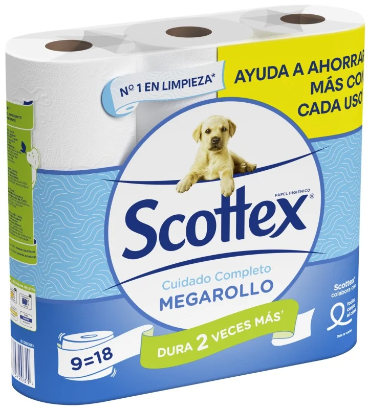 Scottex Cuidado Completo Megarollo Papel Higiénico 9 Rollos Equivalen a 18