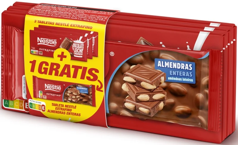 Nestlé Extrafino Chocolate con Leche y Almendras Enteras Pack 3 x 125 g + 123 g