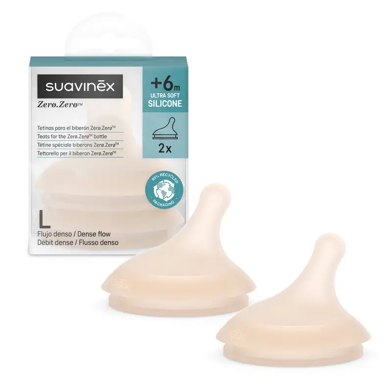 Suavinex Pack 2 Teats Zero Zero Dense Flow (L), +6 Months, Light