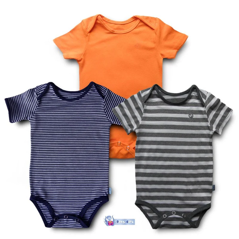 set x 3 bodies naranja rayas azules y rayas grises 12m