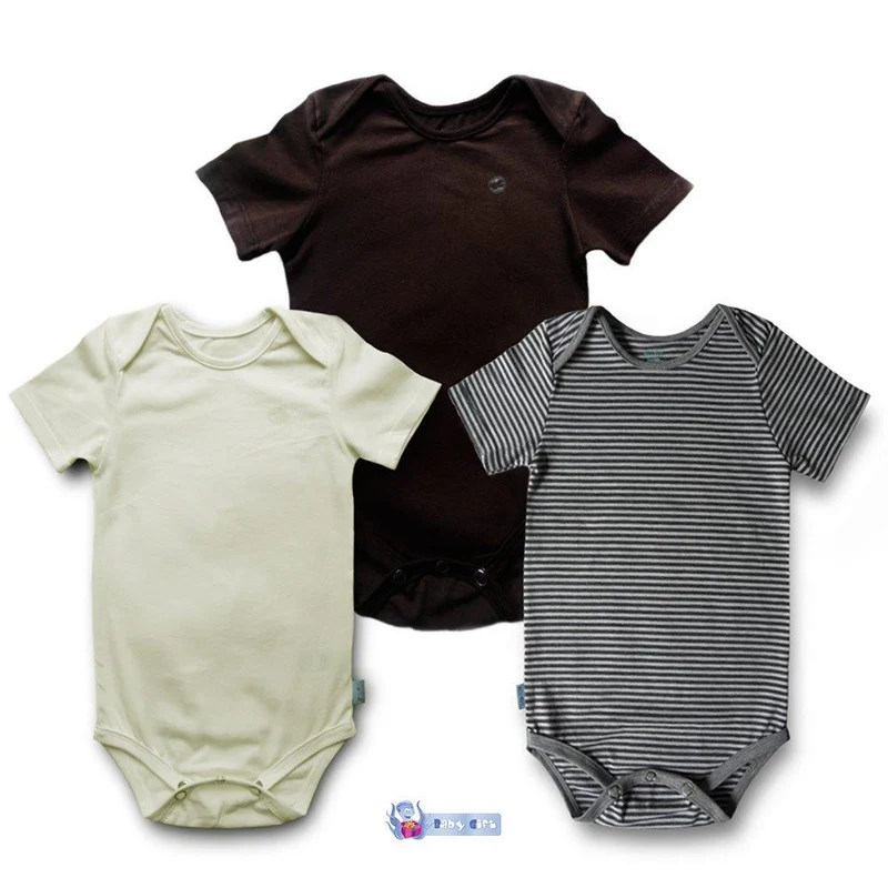 set x 3 bodies cafe beige y rayas grises 12m