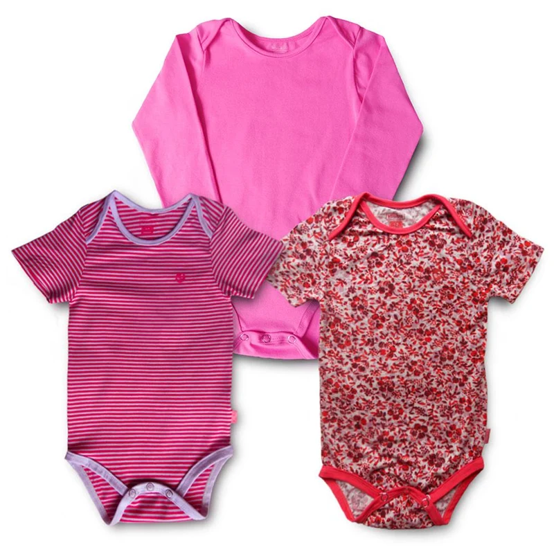 set x 3 bodies rayas rosadas fucsia y flores 24m