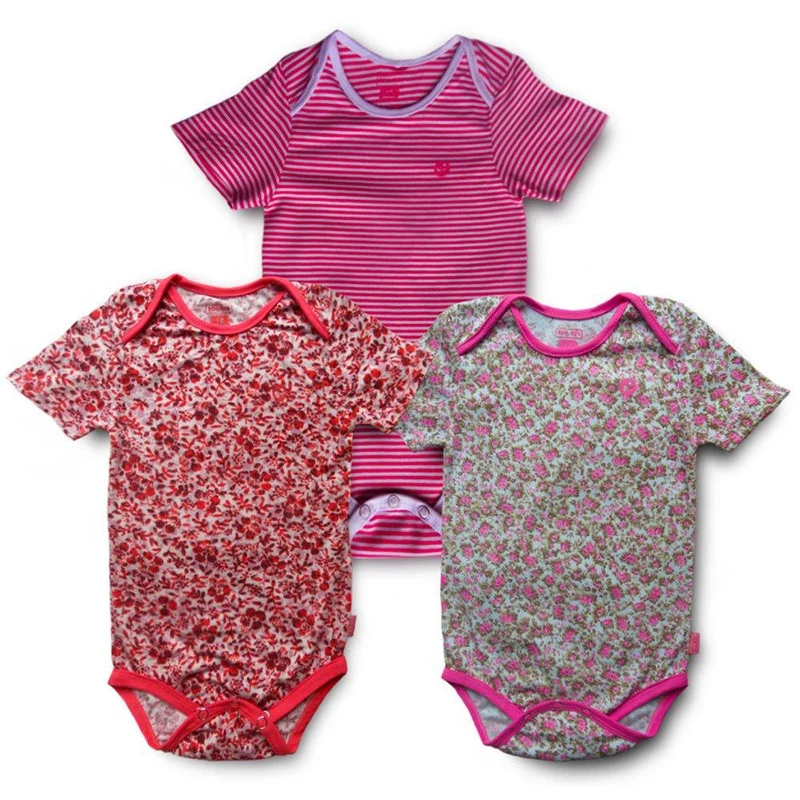 set x 3 bodies rayas rosadas flores rojas y flores verdes
