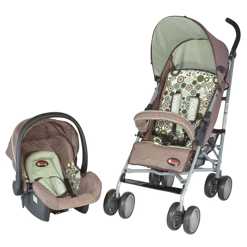 coche paseador con porta bebe marron verde