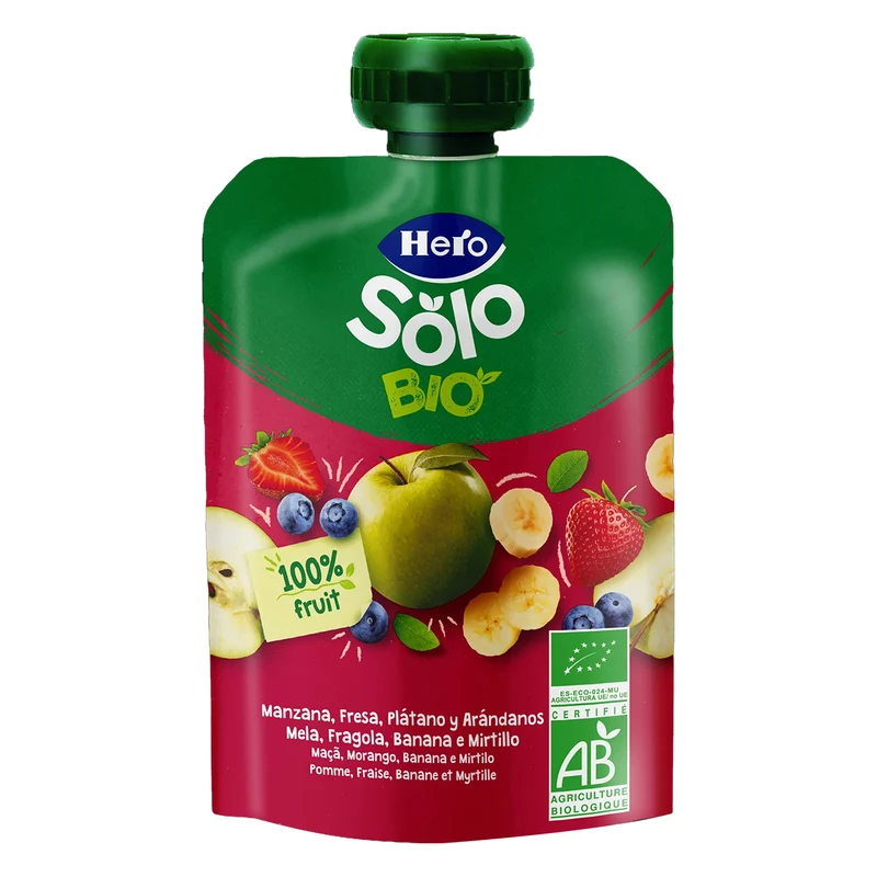 Bolsita fruta 100% Eco sabor manzana, fresa, plátano y arándanos Hero Solo 100 g