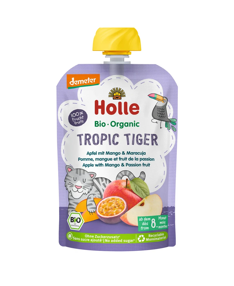 Pouch Tropic Tiger con Manzana, Mango y Maracuyá Demeter a partir 8 meses Holle 100gr