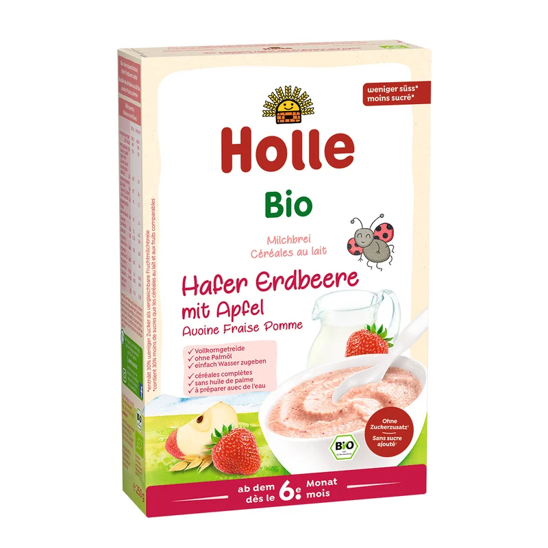 Papilla de leche ecológica de avena, fresa y manzana bio / eco a partir 8 meses Holle 250g