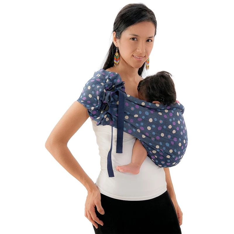 portabebe pouch azul con pintas de colores