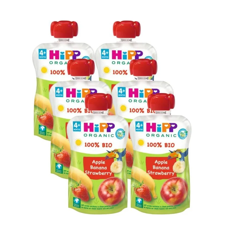 Pack 6 Pouches Bolsitas Biológicas Manzana, Plátano y Fresa HiPP 100 g