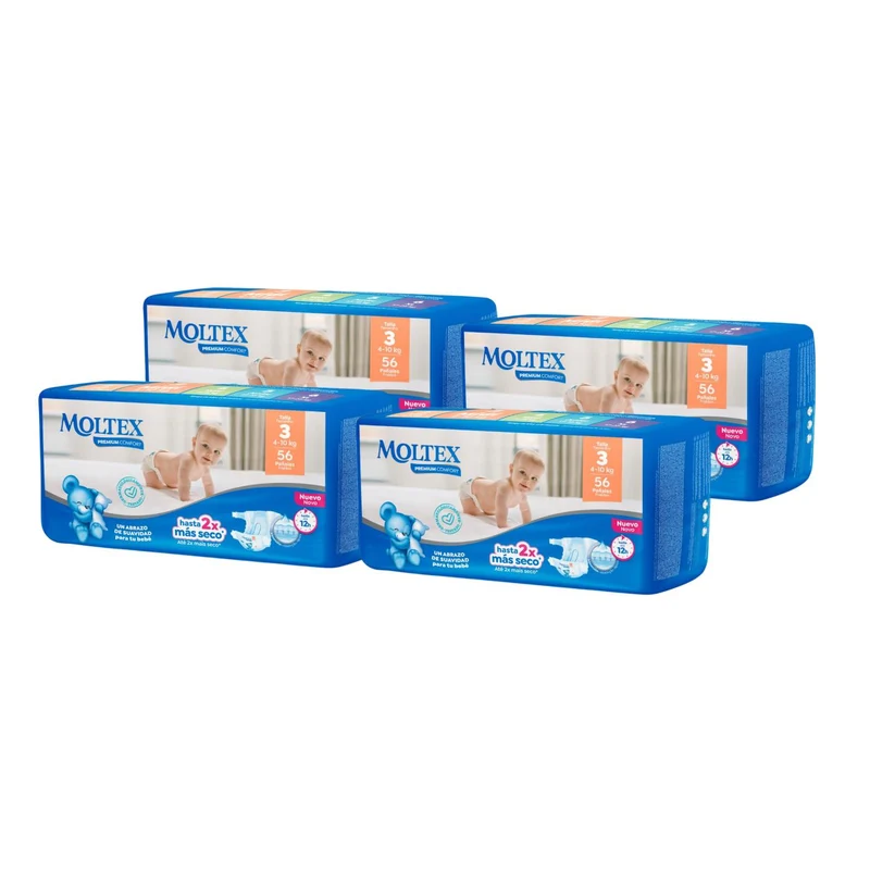Pack 4 x Pañales Moltex Premium Comfort T3 (4-10 kg) 56 Uds