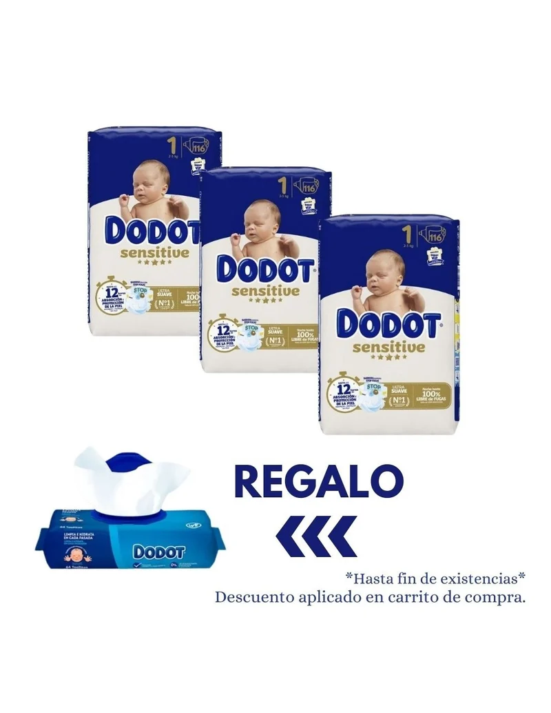 Pack Dodot talla 1 Sensitive con 348 uds en 3 cajas