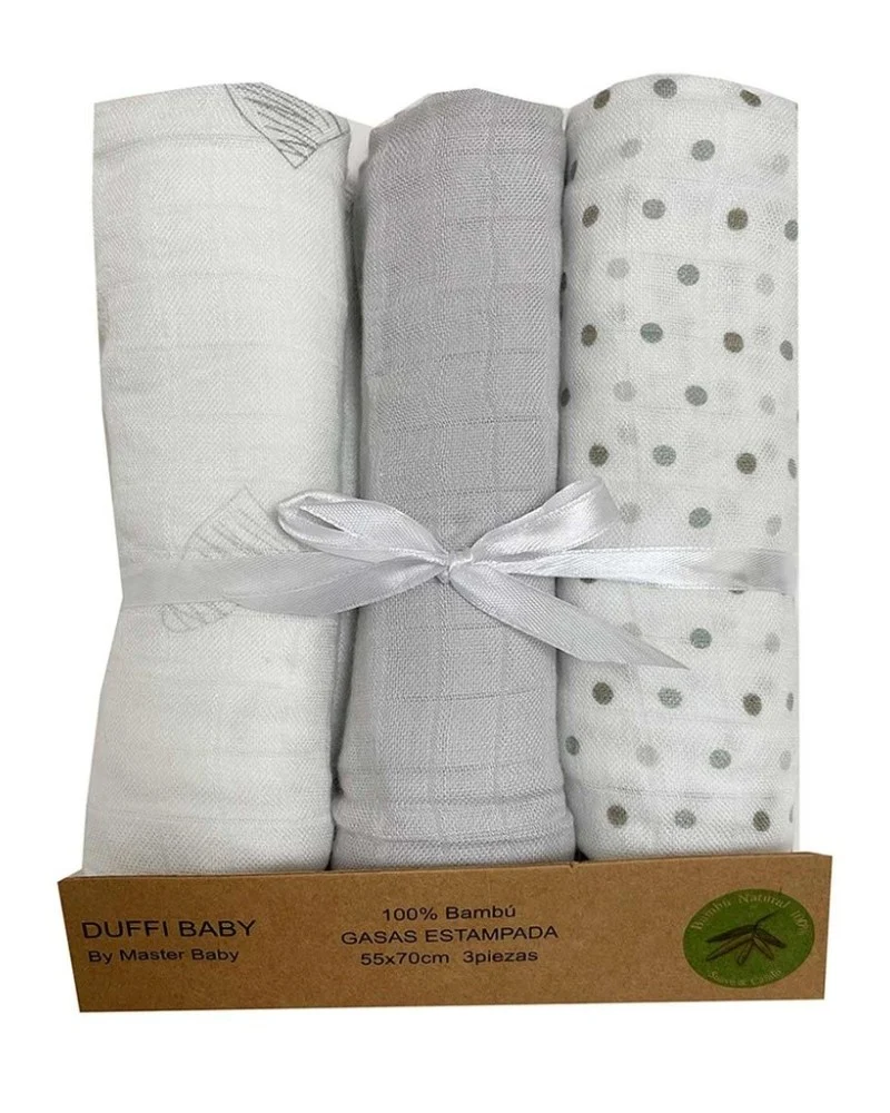 Muselina Estampada Plata Duffi Baby (pack de 3 unidades 100%Bambú )