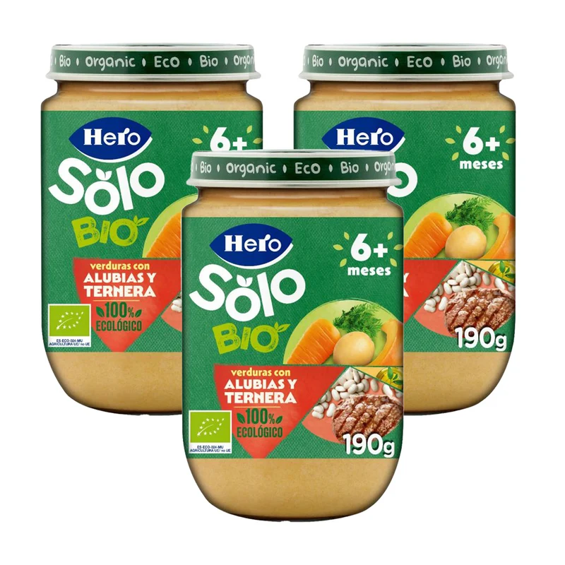 Pack 3x Tarrito de alubias y ternera Eco +6 meses, Hero Baby SOLO, 190 g