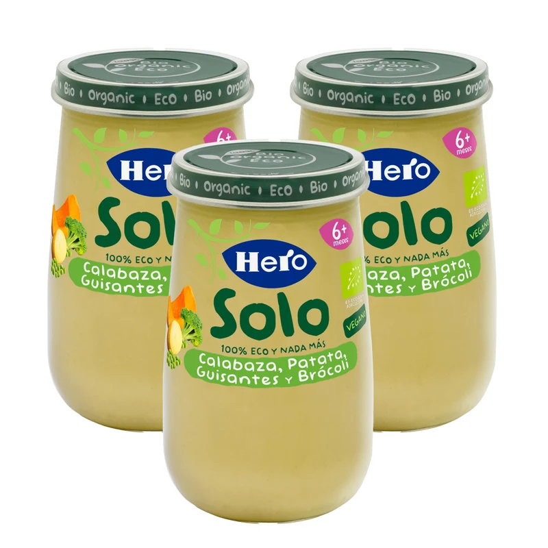 Pack 3x Tarrito de Calabaza, Patata, Guisantes y Brócoli Eco 190 g-Hero Solo