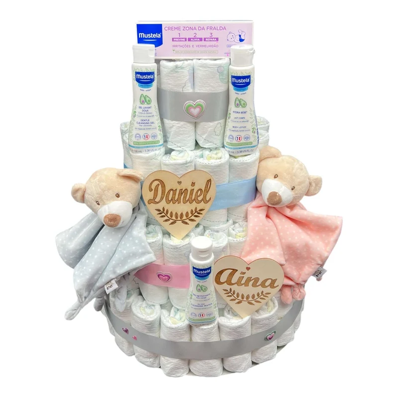Tarta de pañales mellizos y gemelos Mustela doudou