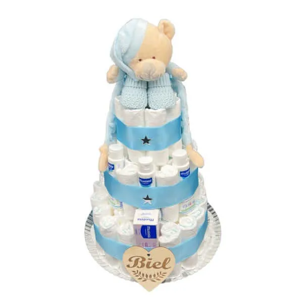 Tarta de pañales Mustela osito con patucos