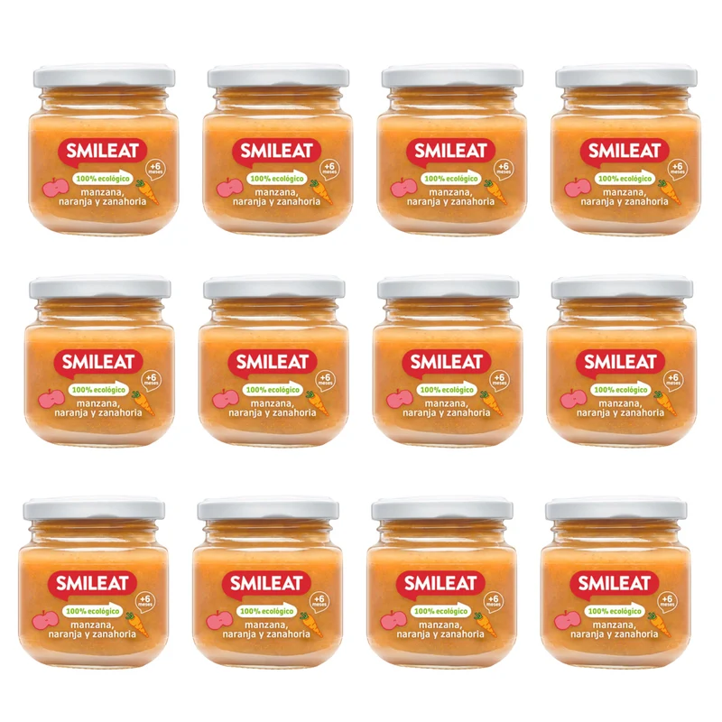 Pack 12x Tarrito de Manzana, Naranja y Zanahoria BIO +6 Meses Smileat, 130g