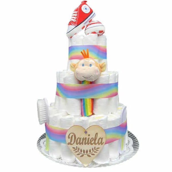 Tarta de pañales bebé arco iris