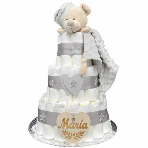 Tarta de pañales osito plata deluxe