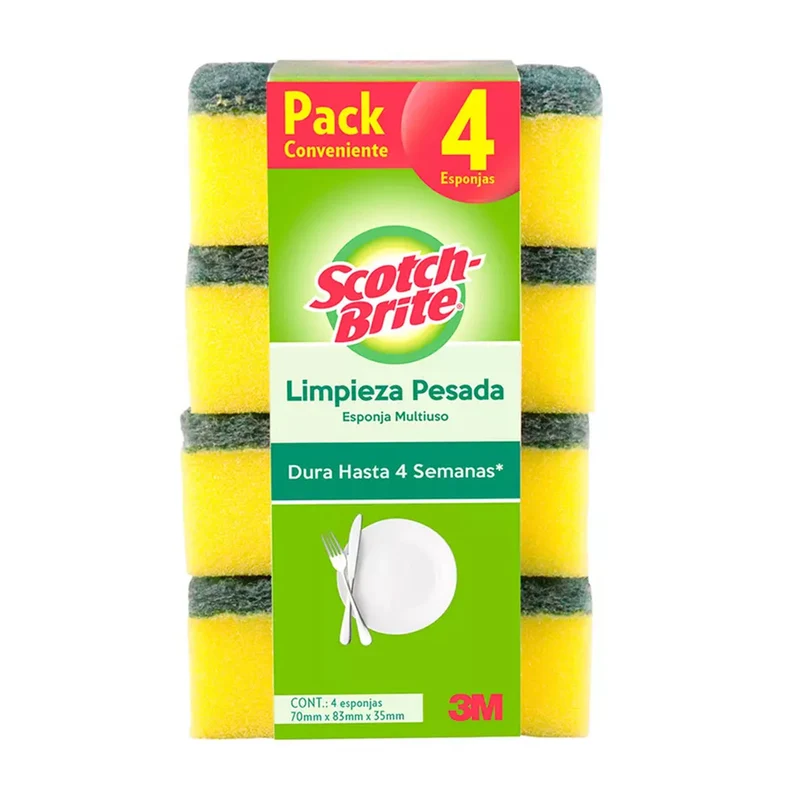 Pack Esponjas de Limpieza Pesada Lisas Scotch Brite 3M (4 esponjas en total)