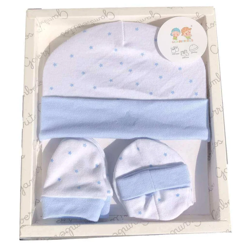 Set gorrito, manoplas y patucos Estrellitas