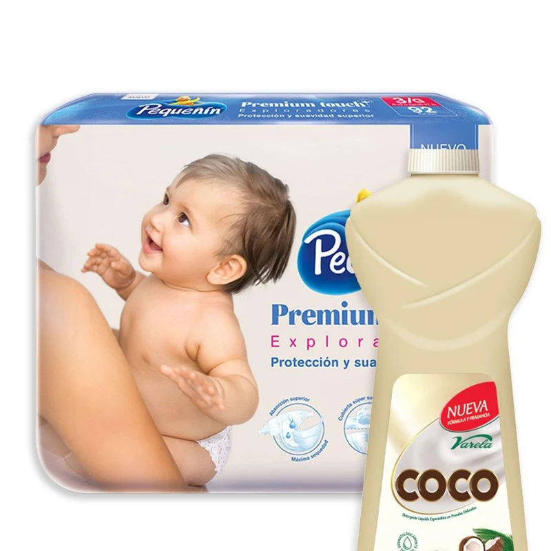 combo panales etapa 3 92 pequenin premium touch detergente liquido coco varela botella x 900ml