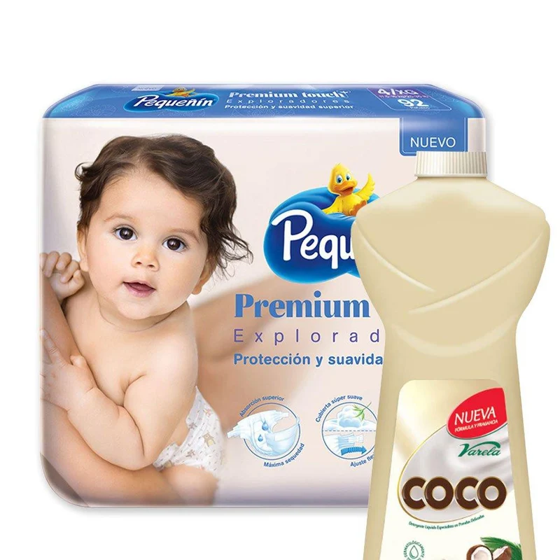 combo panales etapa 4 92 pequenin premium touch detergente liquido coco varela botella x 900ml