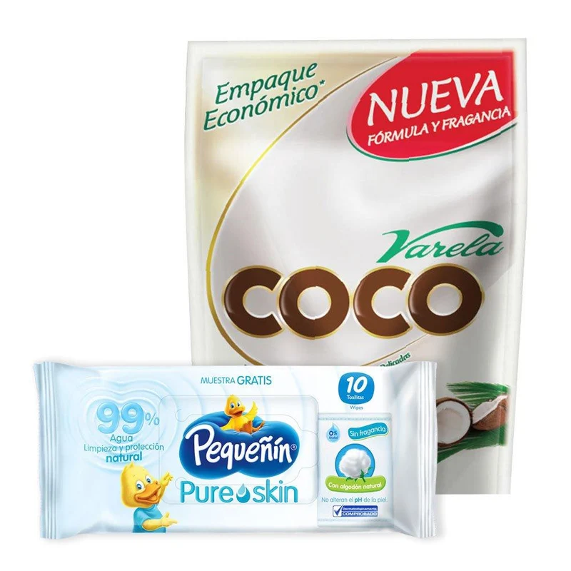 promocion detergente liquido coco varela doypack x1.8l gratis toallitas humedas pequenin pure skin x10 und