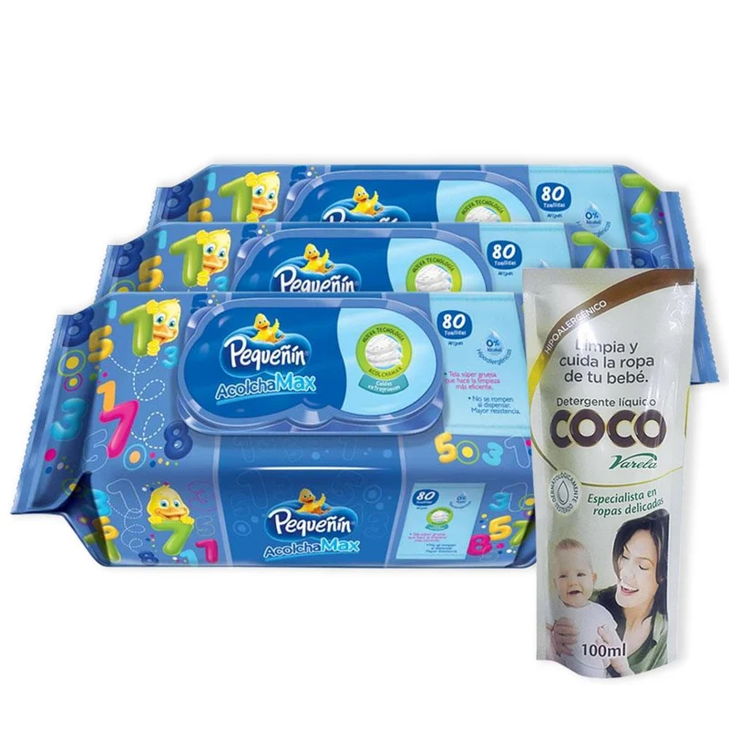 promocion 3 paquetes de toallitas humedas acolchamax con tapa x80 pequenin gratis jabon liquido coco monodosis