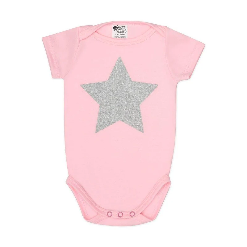 body manga corta cuello cruzado estampado estrella plateada rosado talla 9 12