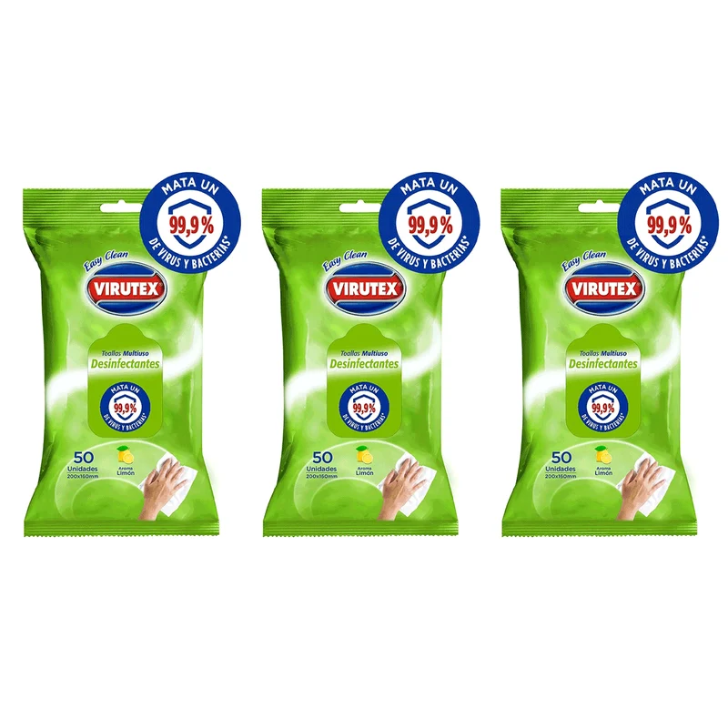 Pack 3x Toallitas Desinfectantes Húmedas de Limpieza Multiuso aroma Limón Virutex (50 unidades)
