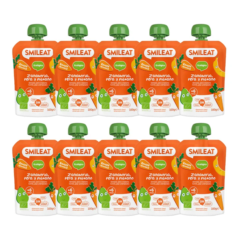 Pack 10 uds Pouches Pera, Plátano y Zanahoria Smileat 100 g