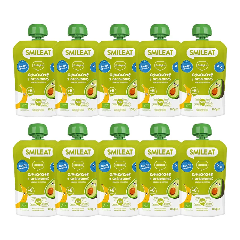 Pack 10 uds Pouches Aguacate y Arándanos ECO Smileat 100gr