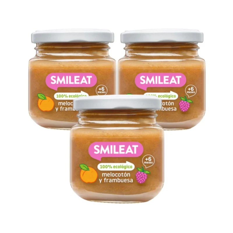 PROMO 3x Tarrito de Frambuesa y Melocotón Ecológico Smileat, 130g