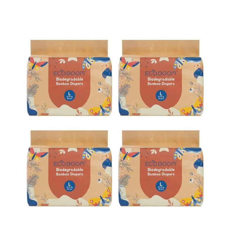 ECOBOOM- Pañal Ecológico de BAMBÚ Eco Boom. 70% Biodegradable, Hipoalergénico (TALLA 4/L, 9-14 KG, PACK DE 4 BOLSAS, TOTAL 120 PAÑALES)