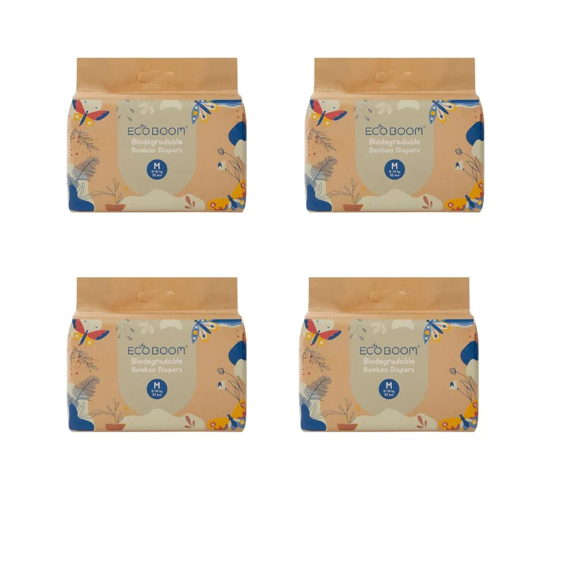 ECOBOOM- Pañal Ecológico de BAMBÚ Eco Boom. 70% Biodegradable, Hipoalergénico (TALLA 3/M, 6-10KG, PACK DE 4 BOLSAS, TOTAL 128 PAÑALES)