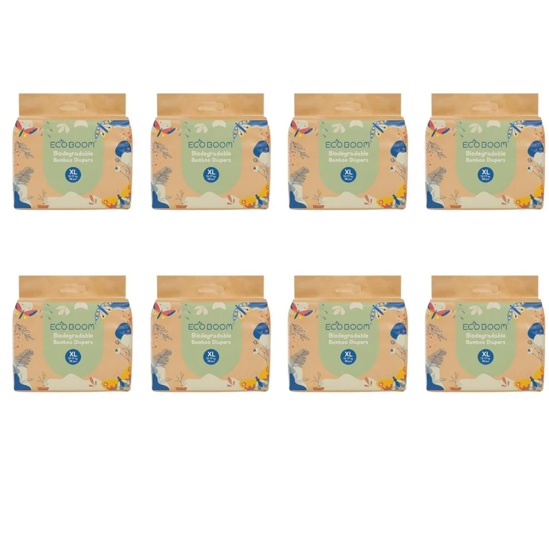ECOBOOM - Pañal Ecológico de BAMBÚ Eco Boom. 70% Biodegradable, Hipoalergénico (TALLA 5/XL, 12-17 KG, PACK 8 BOLSAS, TOTAL 224 PAÑALES)