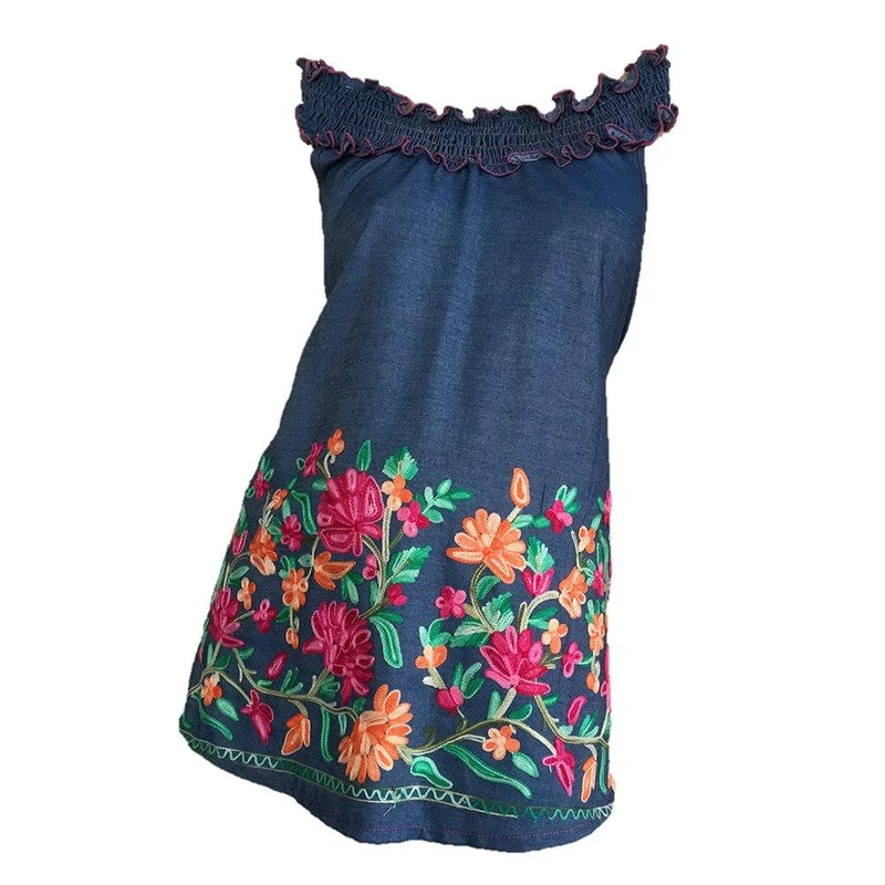 top con cuello encauchado azul flores 12
