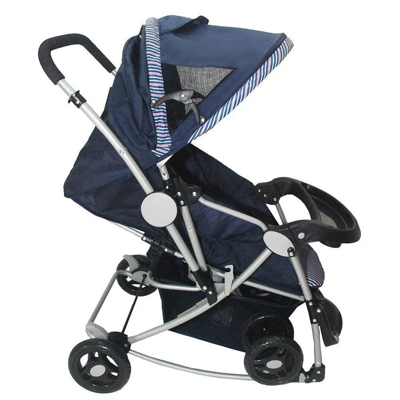 coche mecedor azul gris con rayas
