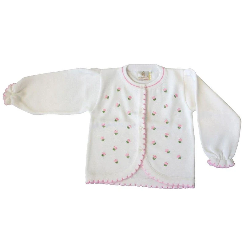 saco tejido en hilo con bordado tulipan blanco con florecitas