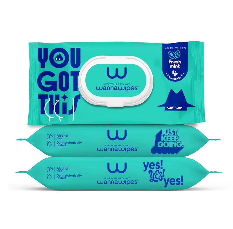 Toallitas Húmedas XL Desechables por el WC, aroma menta, sin alcohol y dermatológicamente testadas Wannawipes Pack de 48 uds.